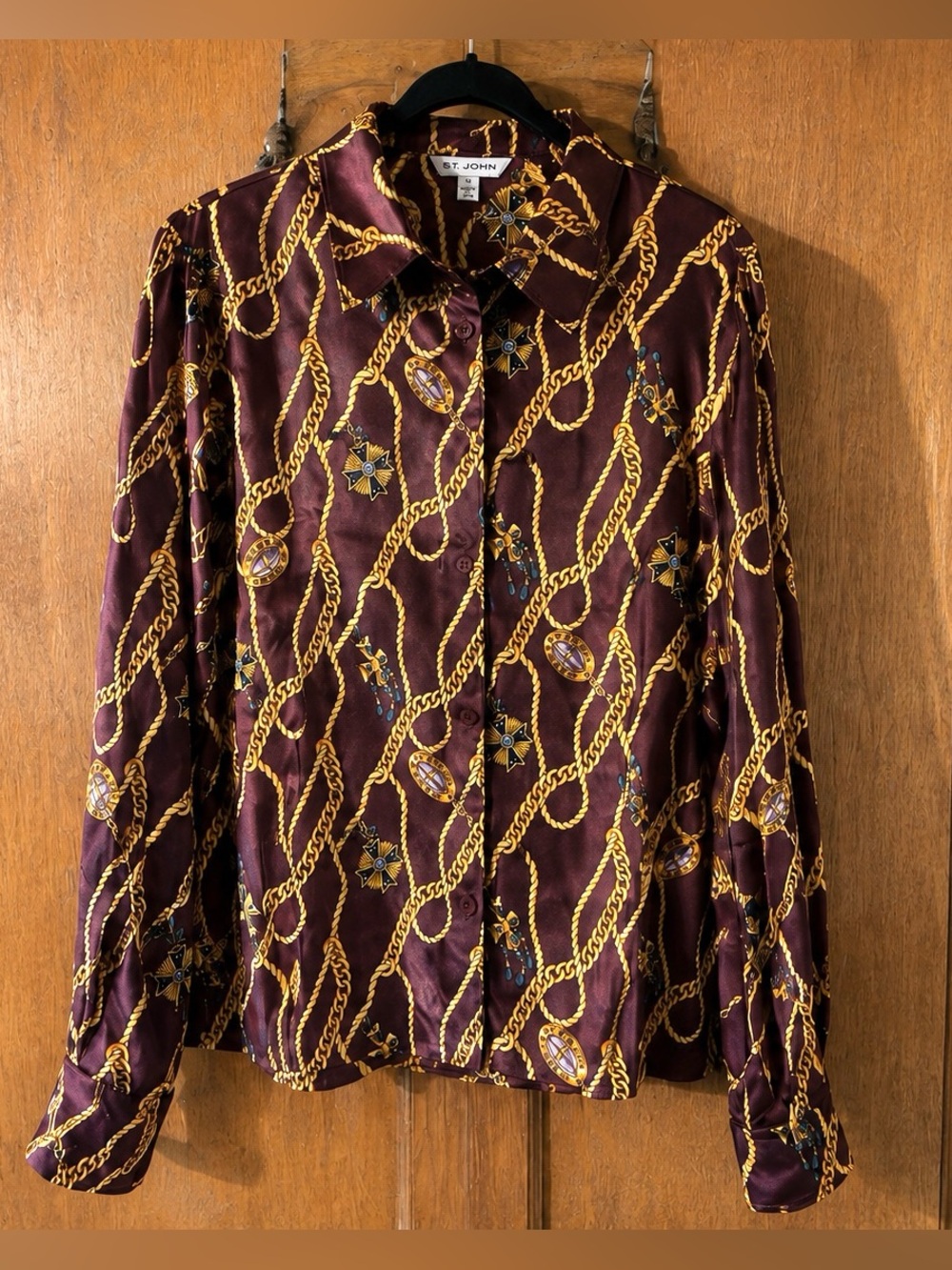 St. John Chain-Print Silk Button-Up Top